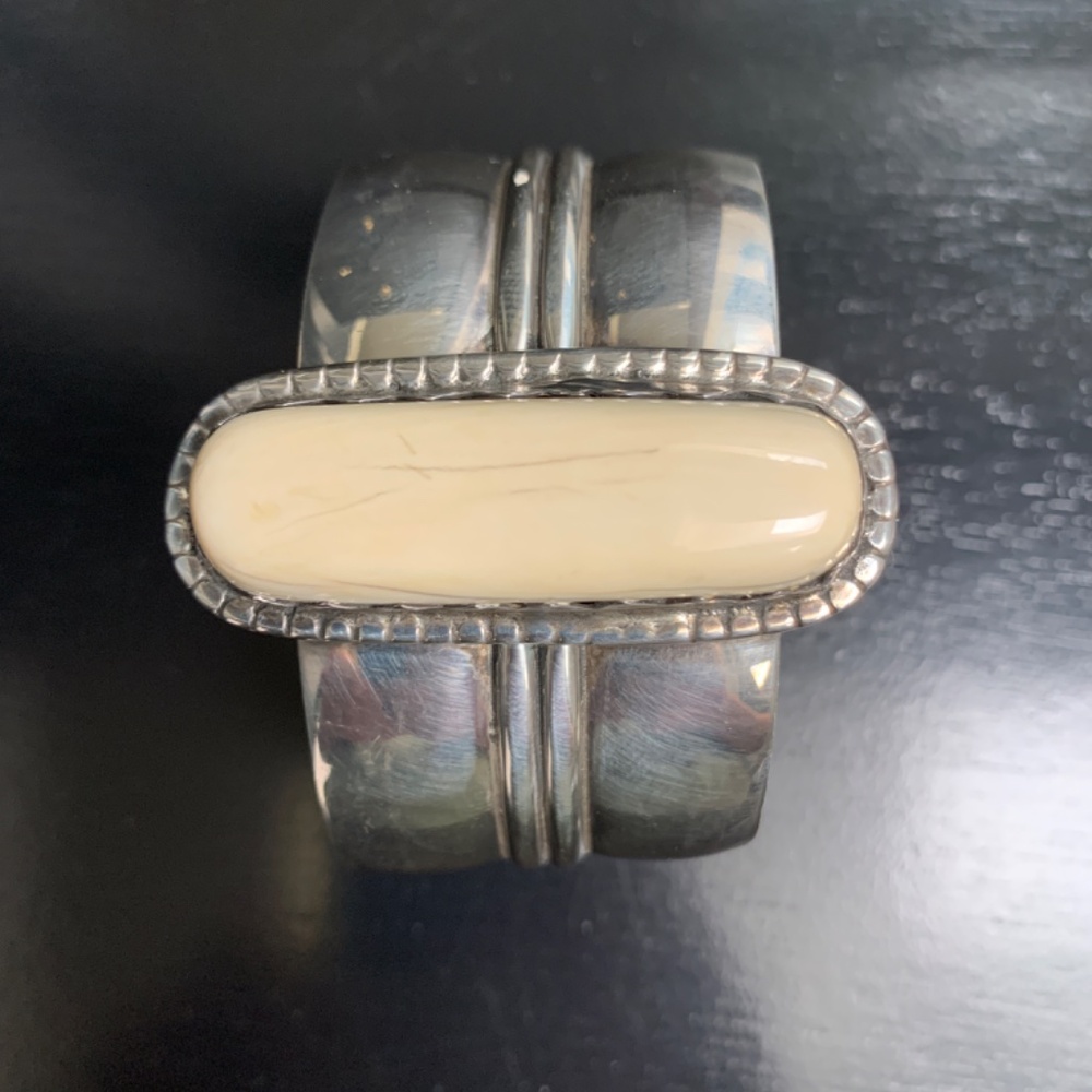 Vintage Sterling Silver Cuff Bracelet with Recycled Ivory Accent - Picture 2 of 10